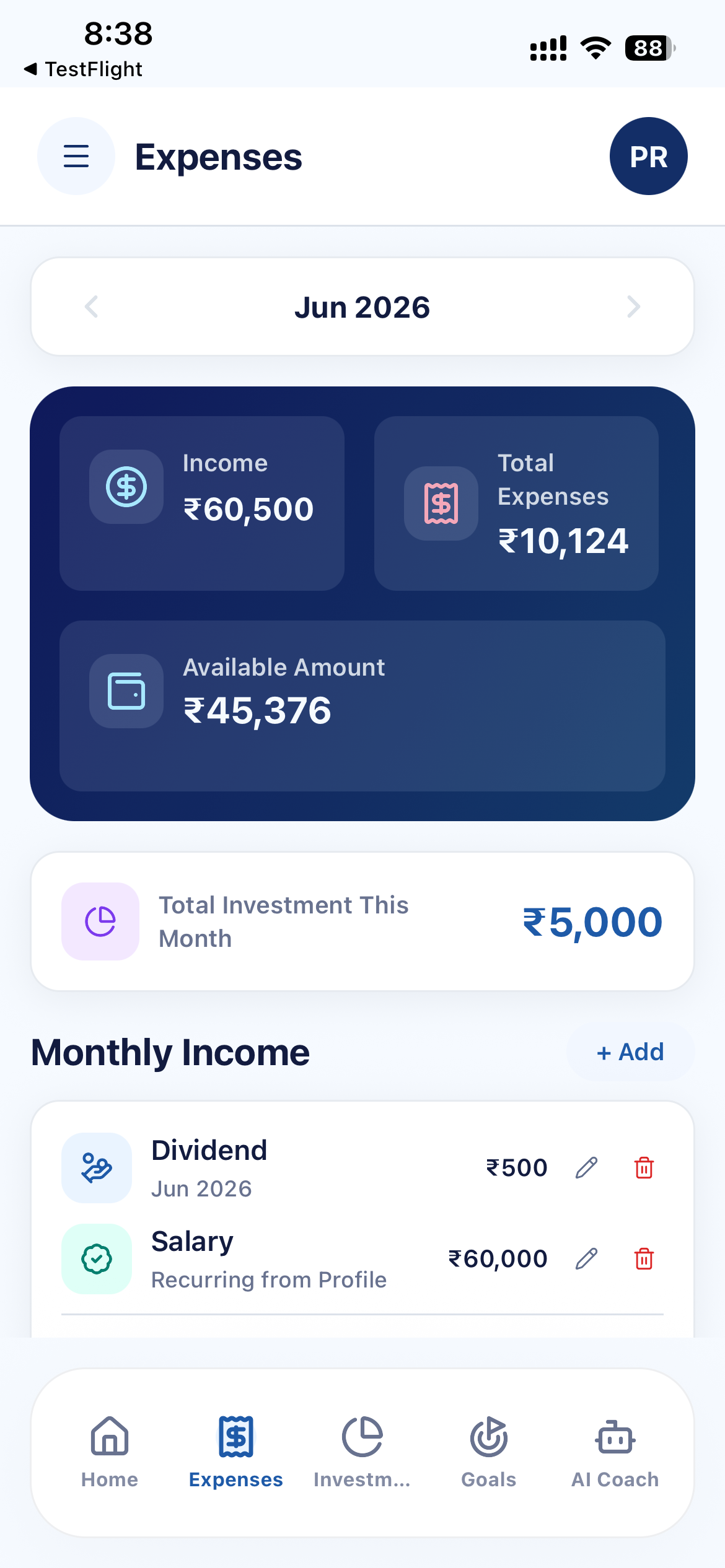 Worthlly monthly expenses screen showing income, expenses, and available amount.