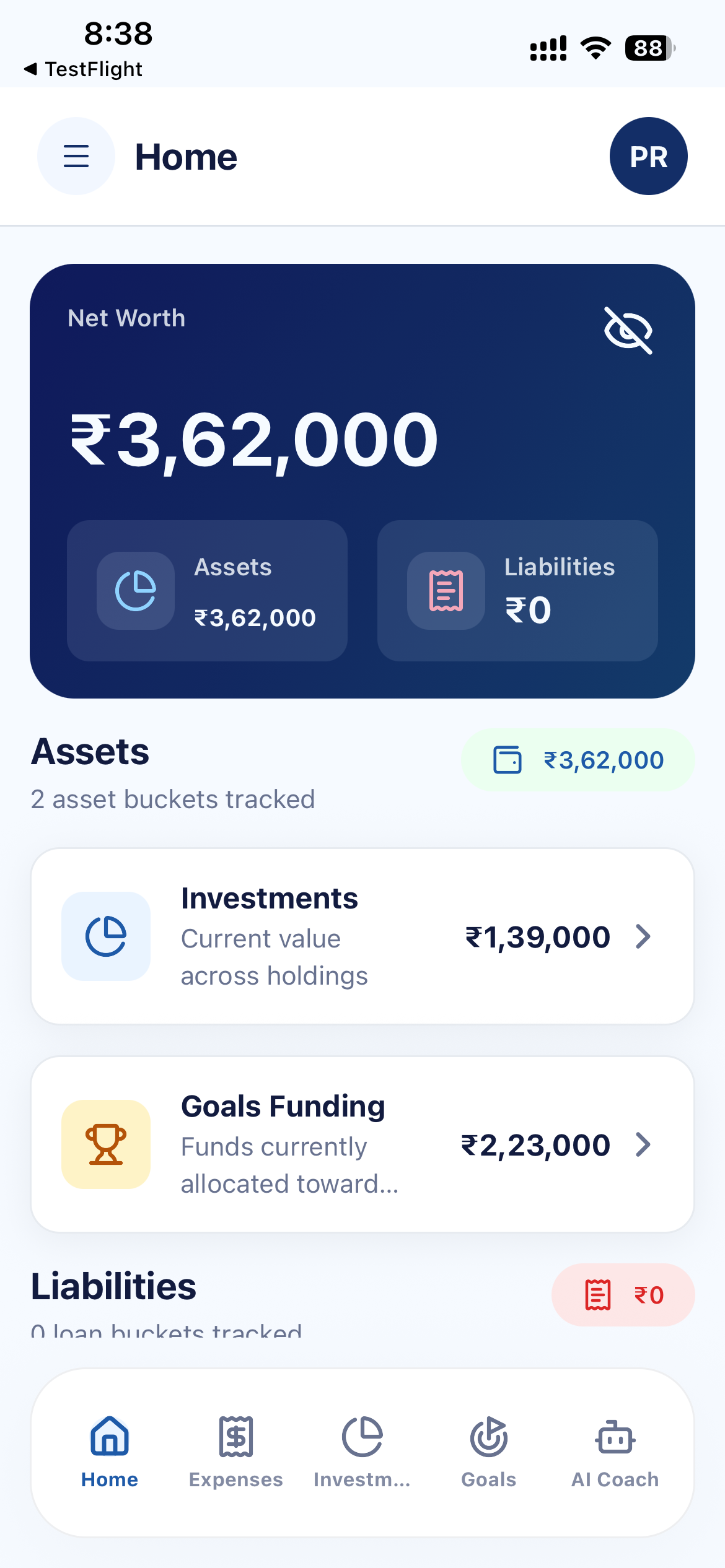 Worthlly home dashboard showing net worth, assets, investments, and goals.
