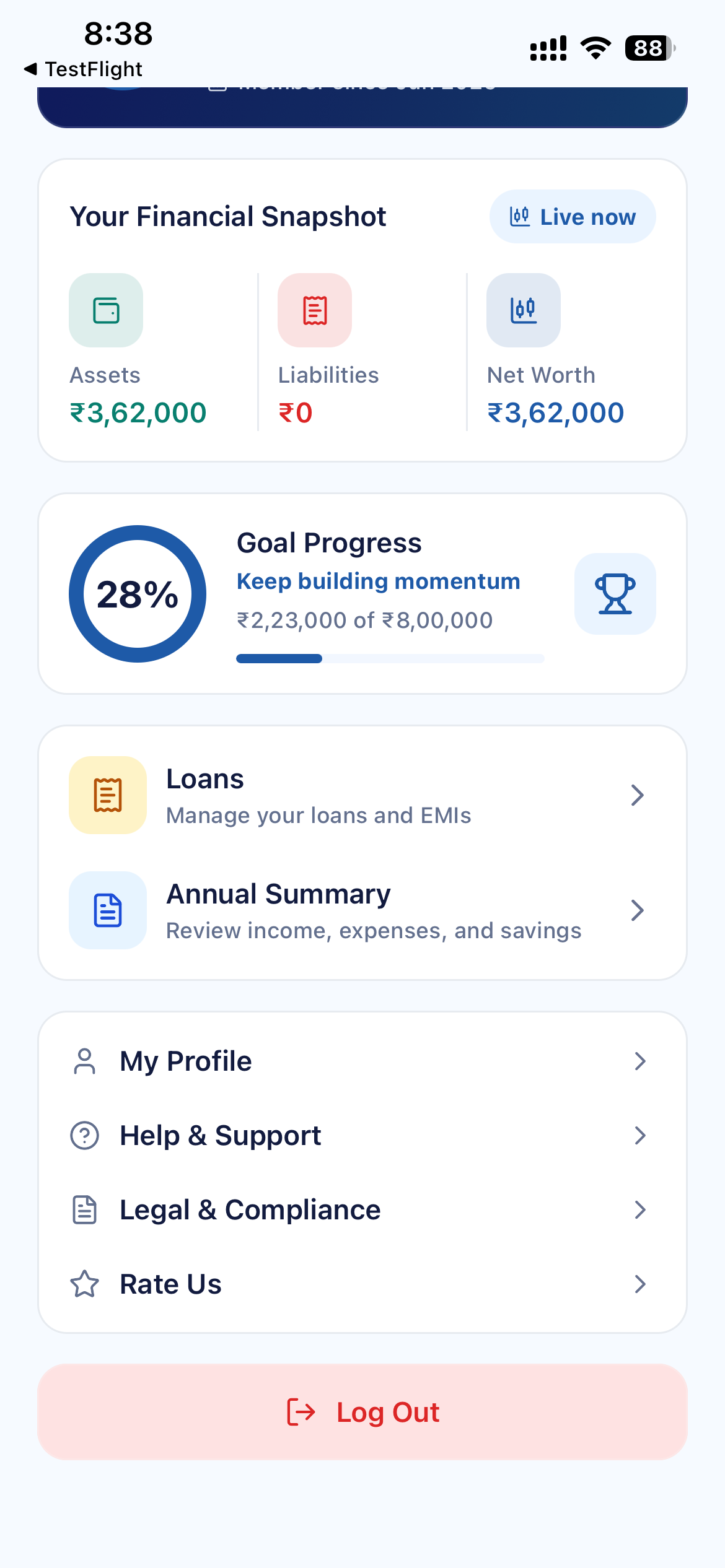 Worthlly profile and snapshot screen showing assets, liabilities, goals, and account tools.